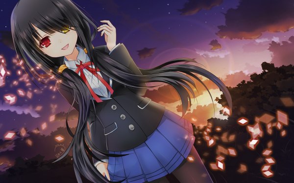 Anime picture 1200x750 with date a live tokisaki kurumi single long hair looking at viewer black hair sky cloud (clouds) heterochromia girl skirt uniform school uniform