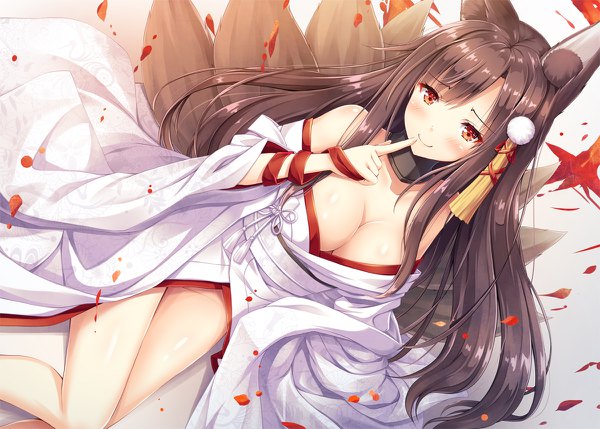 イラスト 1200x858 と アズールレーン akagi (azur lane) akagi (deep crimson poppy) (azur lane) 朱シオ ソロ 長髪 赤面 前髪 おっぱい light erotic 笑顔 赤い目 茶色の髪 大きな乳房 肩出し 獣耳 cleavage 尻尾 lying traditional clothes