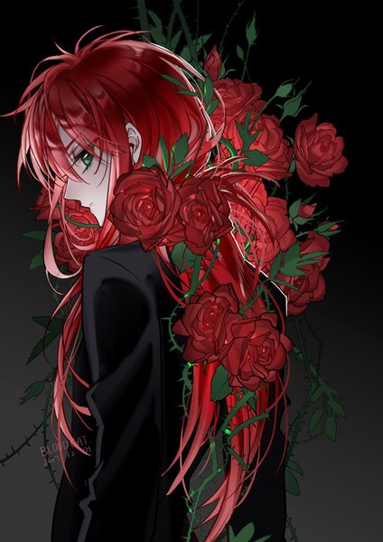 Anime picture 707x1000 with yu yu hakusho kurama bloodcat (babacatcat) single long hair tall image looking at viewer fringe simple background hair between eyes green eyes signed upper body red hair profile dated black background boy flower (flowers) rose (roses)
