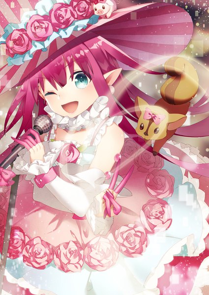Anime picture 645x910 with fate (series) fate/grand order elizabeth bathory (fate) (all) elizabeth bathory (fate) shiyun single long hair tall image open mouth blue eyes pink hair one eye closed pointy ears wink victory girl dress flower (flowers) hat detached sleeves