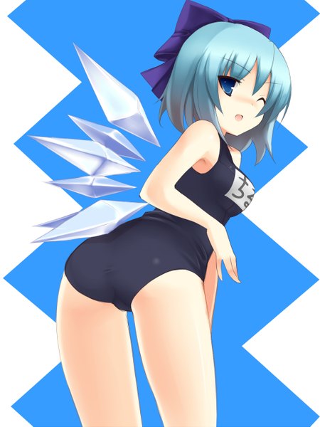 Anime picture 1000x1333 with touhou cirno single tall image blush short hair blue eyes light erotic blue hair one eye closed looking back wink girl bow swimsuit hair bow wings one-piece swimsuit school swimsuit