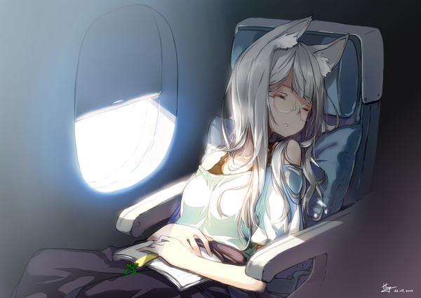 Anime picture 3035x2149 with original hong (white spider) single long hair fringe highres breasts sitting signed animal ears absurdres blunt bangs eyes closed parted lips head tilt off shoulder fox ears dated fox girl sleeping