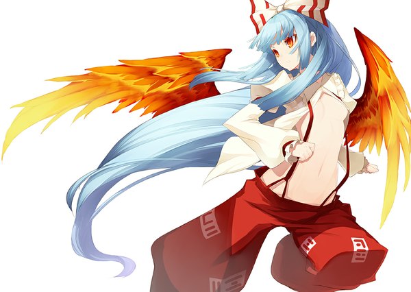 Anime picture 1125x800 with touhou fujiwara no mokou shingo (missing link) single breasts light erotic simple background white background looking away very long hair aqua hair open clothes no bra bare belly open shirt girl navel bow hair bow shirt