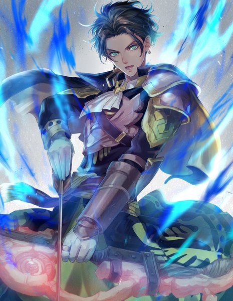 Anime picture 800x1033 with fire emblem fire emblem: three houses fire emblem warriors: three hopes nintendo claude von riegan hksi1pin single tall image looking at viewer short hair open mouth simple background brown hair standing holding green eyes glowing weapon aura boy gloves