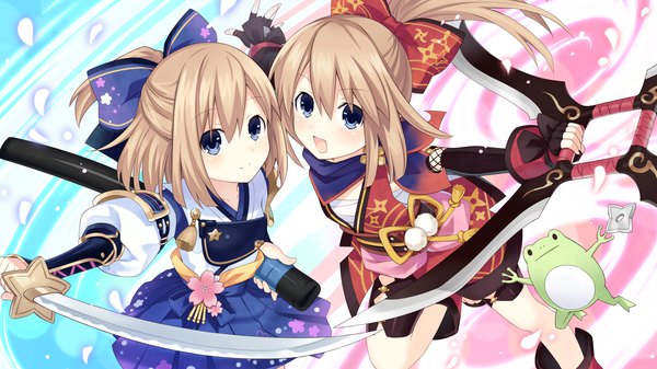 Anime picture 3840x2160 with choujigen game neptune rom (choujigen game neptune) ram (choujigen game neptune) tsunako long hair highres short hair open mouth blue eyes brown hair wide image multiple girls absurdres game cg ponytail spread arms siblings twins sisters girl