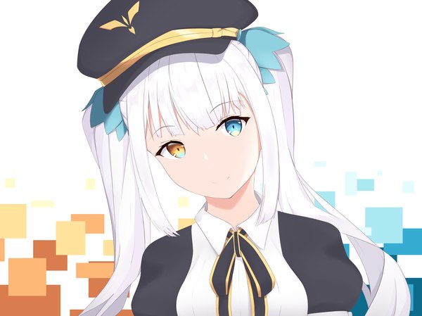 Anime picture 4134x3100 with virtual youtuber kagura mea channel kagura mea aumori single long hair looking at viewer highres blue eyes simple background smile white background twintails payot absurdres upper body white hair head tilt orange eyes heterochromia