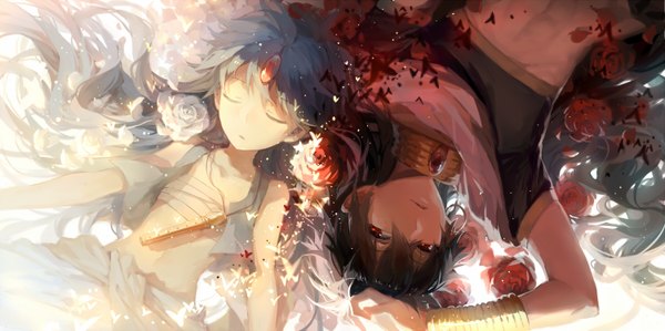 Anime picture 1500x749 with magi the labyrinth of magic a-1 pictures judal aladdin (magi) rella long hair black hair red eyes wide image blue hair multiple boys sleeping bondage boy flower (flowers) choker rose (roses) 2 boys jewelry musical instrument