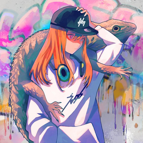 Anime picture 935x935 with original nanakawa (nanasoon) single long hair signed nail polish pink eyes orange hair looking down hand on head hand in pocket headphones around neck casual graffiti white nail polish girl headphones baseball cap reptile lizard