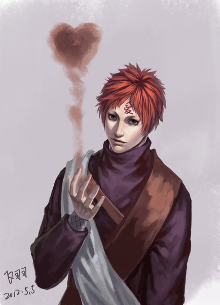 Anime picture 1085x1500 with naruto studio pierrot naruto (series) gaara piaoluo de fei yu single tall image looking at viewer short hair simple background green eyes signed red hair grey background sand jinchuriki face paint boy heart