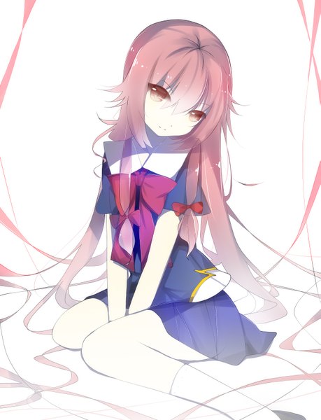 Anime picture 2429x3172 with mirai nikki gasai yuno senya fuurin long hair tall image highres white background sitting brown eyes light smile girl uniform bow ribbon (ribbons) hair bow school uniform socks white socks