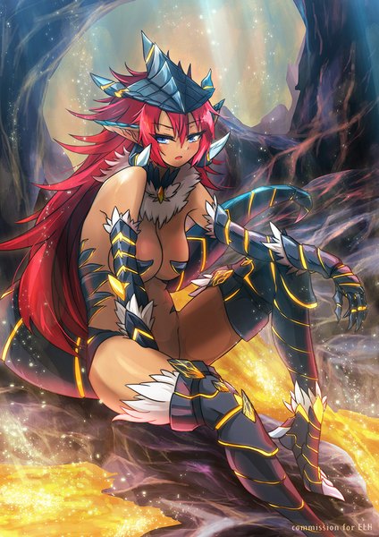 Anime picture 724x1024 with original rocknroll (artist) single long hair tall image blush fringe breasts blue eyes light erotic red hair tail pointy ears fantasy dragon girl dragon tail lava girl