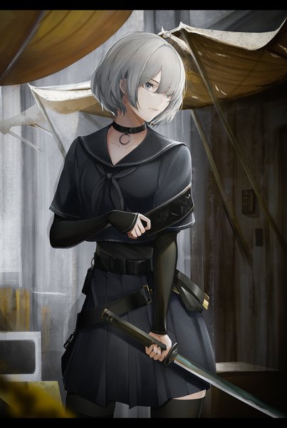 Anime picture 1322x1968 with original marumoru single tall image fringe short hair hair between eyes standing holding looking away silver hair pleated skirt silver eyes girl thighhighs skirt uniform weapon black thighhighs sword