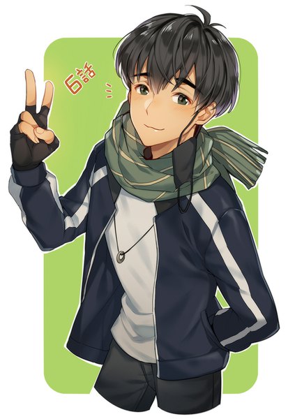 Anime picture 700x1016 with yuri!!! on ice mappa phichit chulanont pingo single tall image looking at viewer fringe short hair black hair hair between eyes ahoge black eyes dark skin eyebrows hand in pocket green background boy gloves black gloves