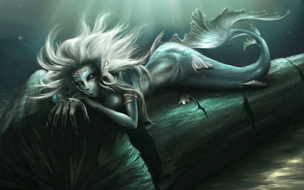 Anime picture 1920x1200 with tagme (artist) single long hair highres wide image white hair fingernails long fingernails underwater monster girl 3d girl ring claws mermaid fin (fins)