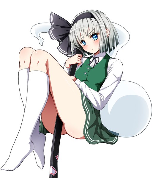 Anime picture 1288x1500 with touhou konpaku youmu myon avalondeduko single long hair tall image looking at viewer blush short hair breasts blue eyes light erotic simple background white background sitting silver hair bent knee (knees) ass blunt bangs