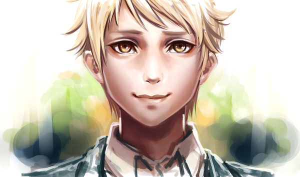 Anime picture 1000x590 with kyoukai no kanata kyoto animation kanbara akihito reiberrycream single looking at viewer short hair blonde hair smile wide image yellow eyes portrait face boy uniform school uniform