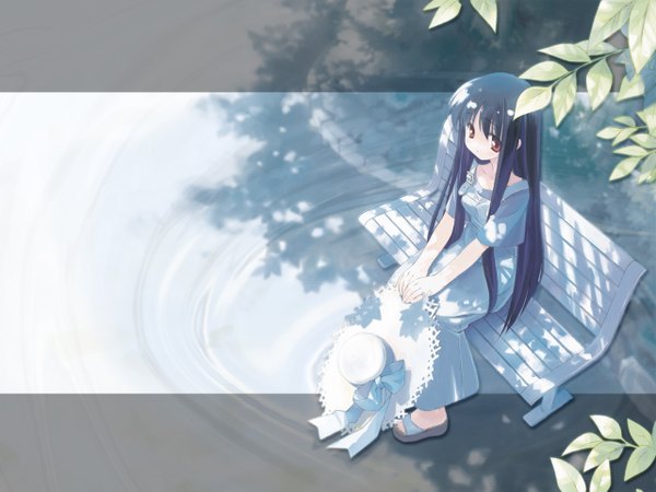 Anime picture 1280x960 with suigetsu makino nanami gayarou single long hair fringe black hair red eyes sitting holding payot looking away full body bent knee (knees) outdoors sunlight shadow short sleeves third-party edit hand on knee
