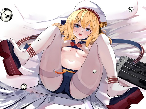 Anime picture 2972x2215 with azur lane stephen potter (azur lane) chio (sen cho) long hair looking at viewer blush fringe highres breasts open mouth blue eyes light erotic blonde hair smile full body bent knee (knees) ass lying :d from above