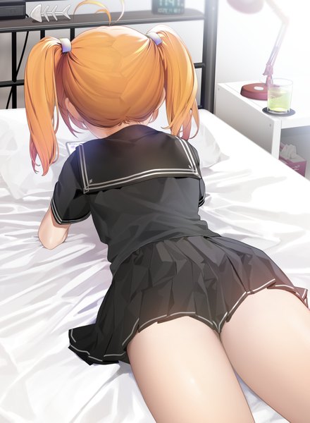 Anime picture 2592x3530 with original ohisashiburi single tall image highres short hair light erotic twintails holding payot ahoge ass indoors lying pleated skirt from behind blurry orange hair arm support short sleeves