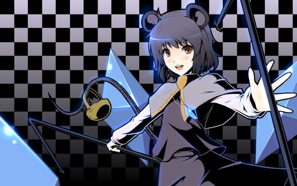 Anime picture 1600x1000 with touhou nazrin gayprince short hair open mouth black hair wide image animal ears orange eyes checkered background mouse ears girl crystal