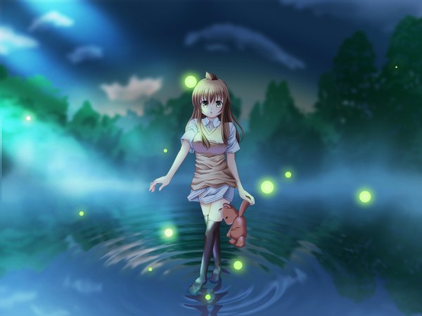 Anime picture 1368x1024 with minami-ke minami chiaki fujioka mine (1-1-1) single long hair brown hair yellow eyes night girl thighhighs black thighhighs shirt water vest teddy bear