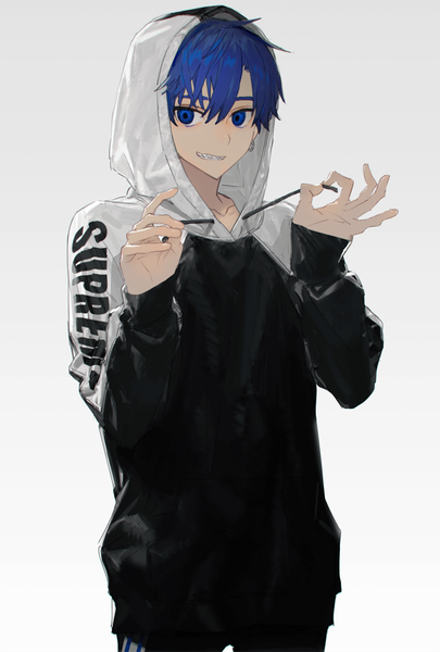 Anime picture 708x1049 with original hirota tsuu single tall image looking at viewer fringe short hair blue eyes simple background hair between eyes standing blue hair upper body grey background clenched teeth boy hood hoodie