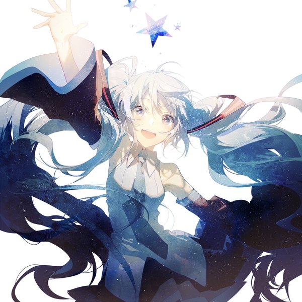Anime picture 1000x1000 with vocaloid blue star (vocaloid) hatsune miku rella single blush fringe open mouth simple background white background twintails bare shoulders very long hair arm up aqua hair grey eyes spread arms girl detached sleeves necktie