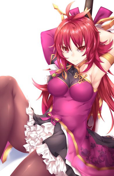 Anime picture 1300x2000 with elsword elesis (elsword) fi-san single long hair tall image looking at viewer fringe breasts simple background smile red eyes white background pink hair ahoge bent knee (knees) red hair multicolored hair shadow armpit (armpits)