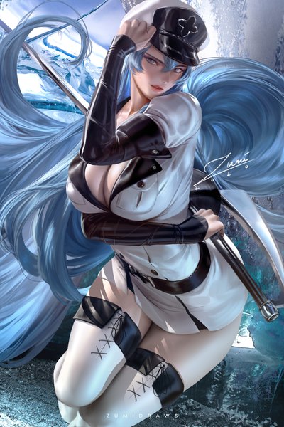 Anime picture 2339x3508 with akame ga kill! white fox esdeath zumi (zumidraws) single tall image looking at viewer blush fringe highres breasts blue eyes light erotic hair between eyes large breasts holding signed payot blue hair cleavage
