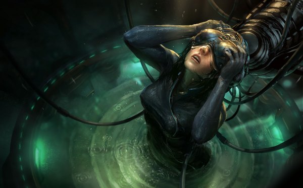 Anime picture 1200x746 with omen2501 long hair breasts open mouth black hair wide image large breasts realistic teeth wet looking up latex water bodysuit helmet cable machine