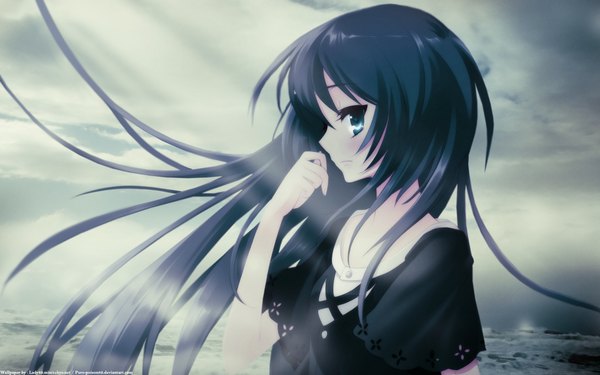 Anime picture 1920x1200 with flyable heart shirasagi mayuri itou noiji single long hair looking at viewer highres blue eyes black hair wide image sky cloud (clouds) profile wind sunlight wallpaper sad girl dress