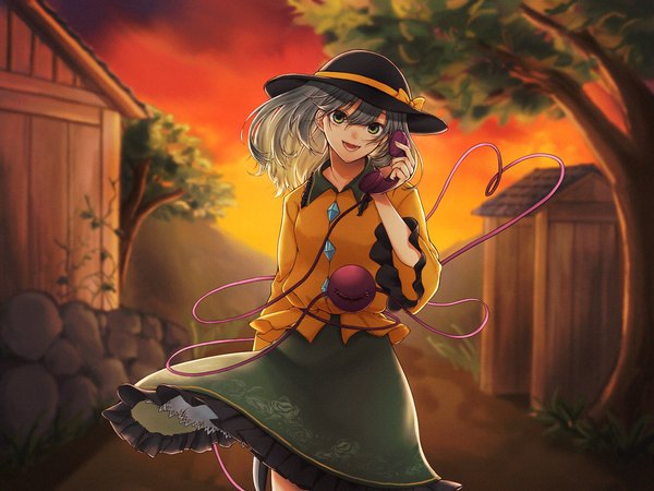 Anime picture 2048x1536 with touhou komeiji koishi oshamu single long hair looking at viewer fringe highres open mouth hair between eyes green eyes outdoors :d grey hair evening sunset girl skirt plant (plants) hat