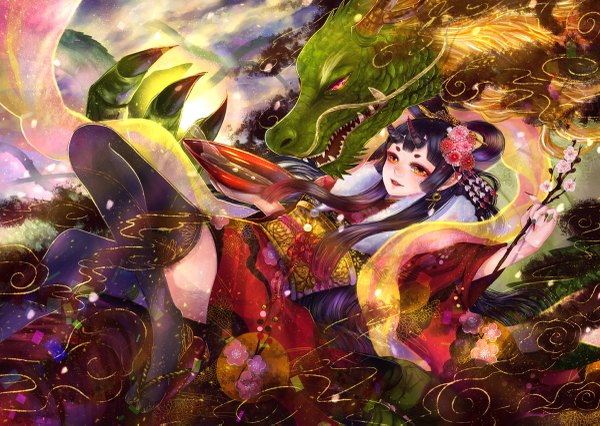 Anime-Bild 1200x853 mit original haruci single long hair open mouth black hair brown eyes traditional clothes japanese clothes hair flower horn (horns) light smile fantasy oni horns girl thighhighs hair ornament flower (flowers) black thighhighs kimono