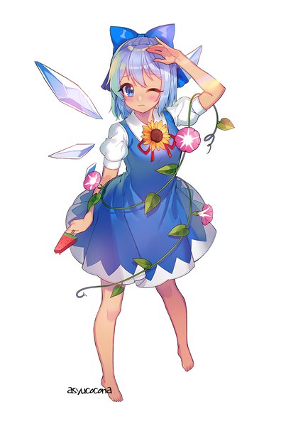 Anime picture 776x1176 with touhou cirno tanned cirno milcona single tall image blush short hair blue eyes simple background standing white background blue hair full body one eye closed barefoot from above hand on head tan girl