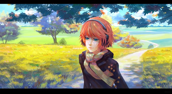 Anime picture 2366x1294 with radio momoiro momo-tan arsenixc single highres short hair blue eyes wide image red hair nature freckles girl plant (plants) tree (trees) headphones scarf grass coat wire (wires) road