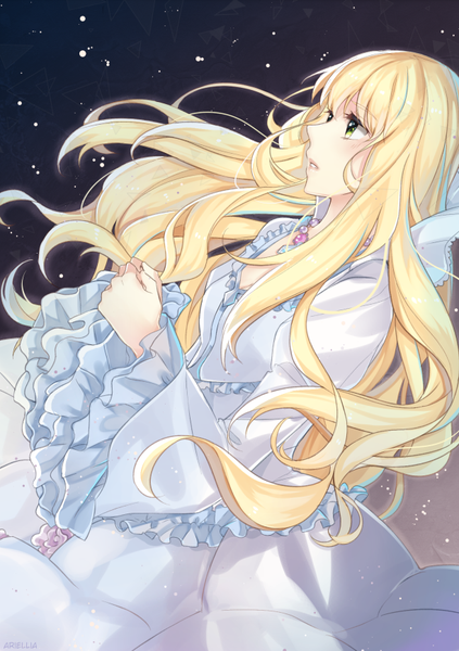 Anime picture 612x868 with aldnoah.zero a-1 pictures asseylum vers allusia ariellia single long hair tall image fringe blonde hair green eyes profile dark background girl dress frills necklace