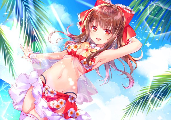Anime picture 800x560 with touhou hakurei reimu miyakoto single long hair looking at viewer open mouth light erotic red eyes brown hair sky cloud (clouds) :d sparkle armpit (armpits) dutch angle lens flare arm behind head half updo girl