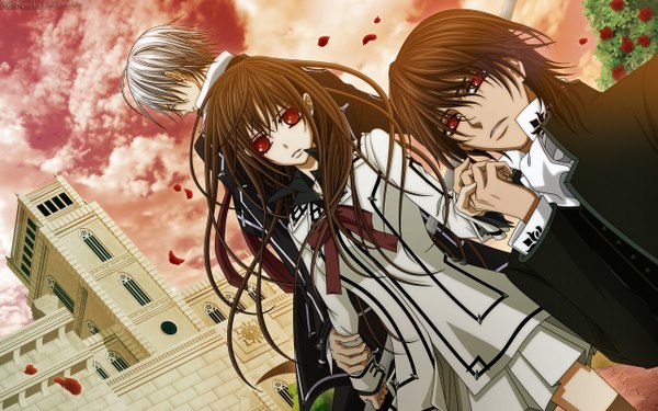 Anime picture 2560x1600 with vampire knight studio deen cross yuki kiryuu zero clan kaname long hair looking at viewer highres short hair blonde hair red eyes brown hair wide image sky white hair multiple boys girl boy uniform flower (flowers)