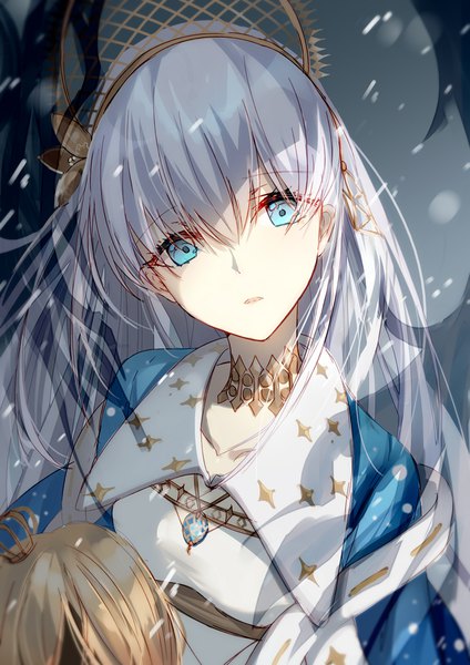 Anime picture 800x1131 with fate (series) fate/grand order anastasia (fate) viy (fate) bison cangshu single long hair tall image looking at viewer blush fringe open mouth blue eyes hair between eyes holding silver hair upper body parted lips head tilt girl