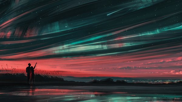 Anime picture 1920x1080 with original aenami highres wide image signed cloud (clouds) night night sky landscape scenic silhouette shooting star water star (stars) people