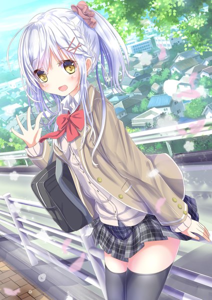 Anime picture 1111x1571 with original moe2019 aruka (alka p1) single long hair tall image looking at viewer blush fringe open mouth smile hair between eyes yellow eyes payot sky silver hair cloud (clouds) ahoge outdoors ponytail