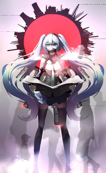 Anime picture 2072x3368 with vocaloid hatsune miku edenland single tall image looking at viewer fringe highres blue eyes hair between eyes standing twintails bare shoulders blue hair very long hair zettai ryouiki smoke silhouette girl thighhighs