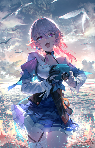 Anime picture 1815x2805 with honkai: star rail honkai (series) march 7th (honkai: star rail) meltyrice single tall image looking at viewer fringe highres short hair open mouth blue eyes hair between eyes sky silver hair cloud (clouds) outdoors :d pleated skirt gradient hair