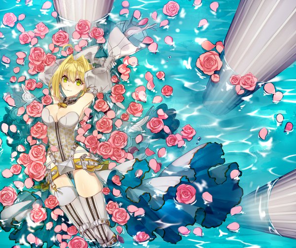 Anime picture 1200x1006 with fate (series) fate/extra fate/extra ccc nero claudius (fate) (all) nero claudius (bride) (fate) kusaka kou single short hair breasts light erotic blonde hair green eyes cleavage arms up armpit (armpits) partially submerged girl flower (flowers) detached sleeves petals