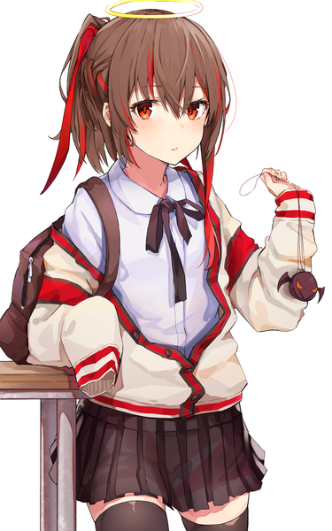 Anime picture 1424x2275 with original black cola single tall image looking at viewer fringe short hair simple background hair between eyes red eyes brown hair white background ponytail pleated skirt multicolored hair two-tone hair streaked hair girl thighhighs skirt