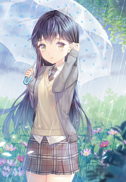 Anime picture 600x867 with original saban single long hair tall image blush fringe black hair standing signed yellow eyes looking away outdoors parted lips adjusting hair rain polka dot summer girl skirt