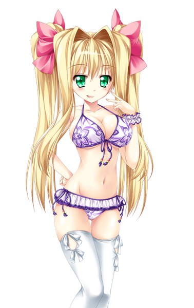 Anime picture 945x1500 with original kamiya tomoe single long hair tall image looking at viewer blush breasts light erotic simple background large breasts white background twintails cleavage green hair hand on hip girl thighhighs ribbon (ribbons) swimsuit