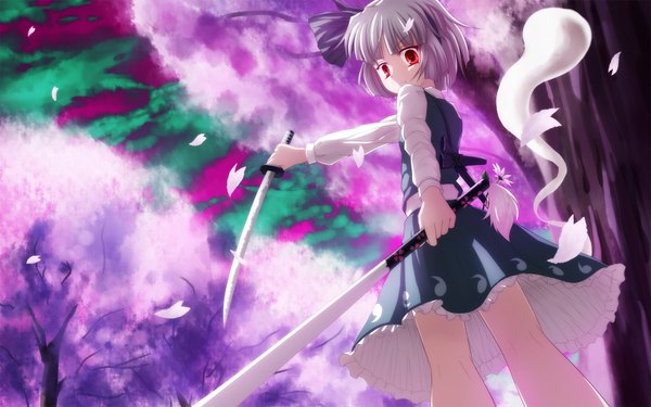 Anime picture 1920x1200 with touhou konpaku youmu mille (dieci) highres short hair red eyes wide image silver hair cherry blossoms girl weapon plant (plants) petals sword tree (trees)