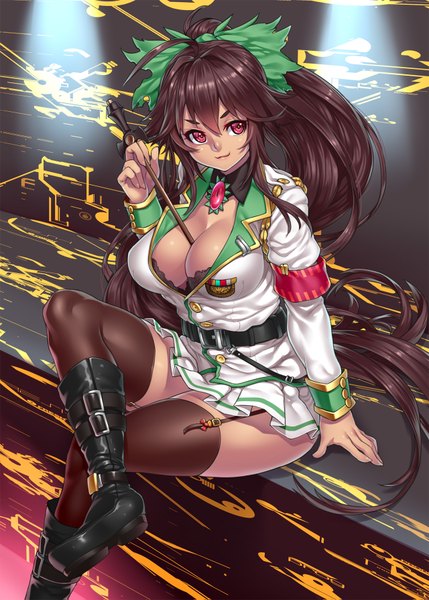 Anime picture 1280x1791 with touhou reiuji utsuho houtengeki single long hair tall image breasts light erotic red eyes brown hair large breasts ponytail girl thighhighs bow black thighhighs hair bow boots