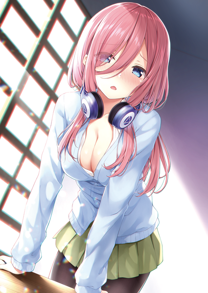 Anime picture 2508x3541 with go-toubun no hanayome nakano miku karutamo single long hair tall image looking at viewer blush fringe highres breasts open mouth blue eyes light erotic large breasts standing pink hair cleavage indoors long sleeves